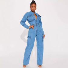 Long Sleeve Multi-Pocket Washed Denim Jumpsuit GKNF-3570