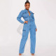 Long Sleeve Multi-Pocket Washed Denim Jumpsuit GKNF-3570