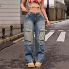 Multi Pockets Loose Washed Jeans GKNF-6629