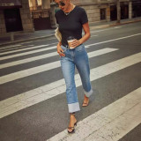 Fashion Loose Rolled Hem Washed Jeans GKNF-11035
