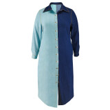 Denim Color Block Long Sleeve Maxi Dress GDAM-218550