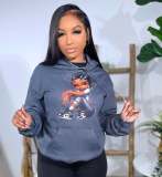 Long Sleeve Padded Hooded Print Loose Sweatshirt GDIM-2425