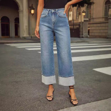 Fashion Loose Rolled Hem Washed Jeans GKNF-11035