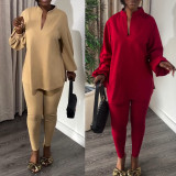 V-neck Lantern Sleeve Split Shirts Pants Suit NY-10900