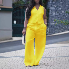 Solid V Neck Vest Wide Leg Pants 2 Piece Set NY-10896