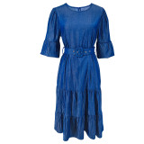 Plus Size Fashion Denim Puff Sleeve Midi Dress GDAM-218622