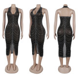 Hot Drill Halter Sleeveless Split Midi Dress NY-3277
