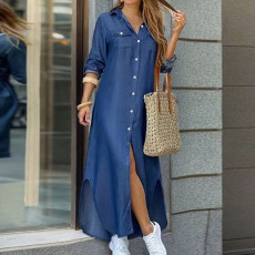 Plus Size Single-breasted Long Sleeve Denim Maxi Dress GDAM-218626