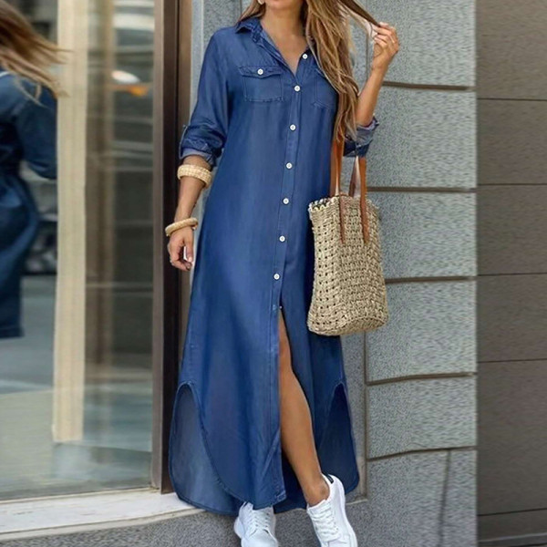 Plus Size Single-breasted Long Sleeve Denim Maxi Dress GDAM-218626