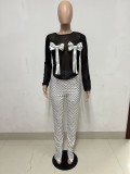 Mesh Bow Spot Print Split Pants Two Piece Set YNSF-2655