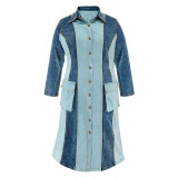 Plus Size Denim Patchwork Lapel Long Sleeve Long Dress GDAM-218539