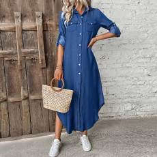 Plus Size Single-breasted Long Sleeve Denim Maxi Dress GDAM-218626