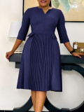 Solid Color 3/4 Sleeve Press Pleated Midi Dress GMLF-3295