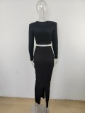 Solid Color Pleated Drawstring Long Skirt Suit MUE-M8075
