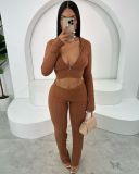 Solid Color Knits Long Sleeve Two Piece Pants Set TR-1316