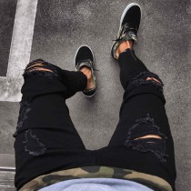 Men's Plus Size Black Holes Zipper Tight Jean GDMY-1010