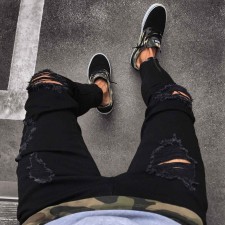 Men's Plus Size Black Holes Zipper Tight Jean GDMY-1010