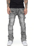 Men's Washed Denim Frayed Layered Micro Flare Jean GDMY-3039