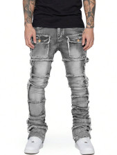Men's Washed Denim Frayed Layered Micro Flare Jean GDMY-3039