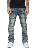 Men's Washed Denim Frayed Layered Micro Flare Jean GDMY-3039