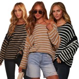 Stripe Knits Bat Sleeve Loose Tops ASL-6756