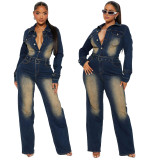 Single-breasted Washed Long Sleeved Denim Jumpsuit LX-6027