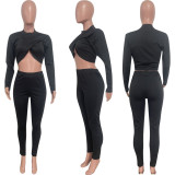 Solid Color Cross Pleated Tight Two Piece Pants Set HMS-6519