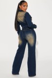 Single-breasted Washed Long Sleeved Denim Jumpsuit LX-6027