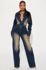 Single-breasted Washed Long Sleeved Denim Jumpsuit LX-6027