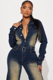 Single-breasted Washed Long Sleeved Denim Jumpsuit LX-6027