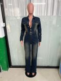 Single-breasted Washed Long Sleeved Denim Jumpsuit LX-6027
