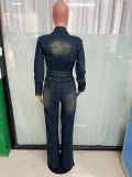 Single-breasted Washed Long Sleeved Denim Jumpsuit LX-6027