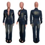 Single-breasted Washed Long Sleeved Denim Jumpsuit LX-6027