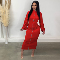 Solid Color Zipper Long Sleeve Pleated Maxi Dress TE-4706