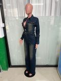 Single-breasted Washed Long Sleeved Denim Jumpsuit LX-6027