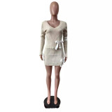 V Neck Knits Long Sleeve Bow Tie Skirts Set MEM-MZ88598