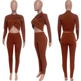 Solid Color Cross Pleated Tight Two Piece Pants Set HMS-6519