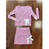 V Neck Knits Long Sleeve Bow Tie Skirts Set MEM-MZ88598