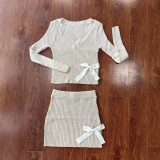 V Neck Knits Long Sleeve Bow Tie Skirts Set MEM-MZ88598