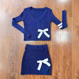 V Neck Knits Long Sleeve Bow Tie Skirts Set MEM-MZ88598