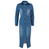 Denim Lapel Long Sleeve Split Maxi Dress GDAM-218617