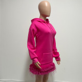 Feather Patchwork Long Sleeve Hooded Mini Dress QYXZ-GT9153