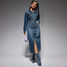 Lapel Button Long Sleeve Split Denim Maxi Dress GDAM-218621