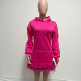 Feather Patchwork Long Sleeve Hooded Mini Dress QYXZ-GT9153
