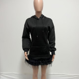 Feather Patchwork Long Sleeve Hooded Mini Dress QYXZ-GT9153