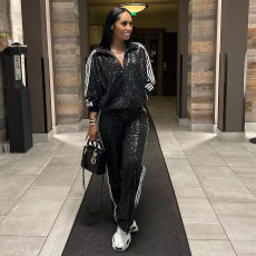 Plus Size Sequin Casual Patchwork Two Piece Pants Set QYXZ-GT9146
