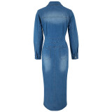 Denim Lapel Long Sleeve Split Maxi Dress GDAM-218617