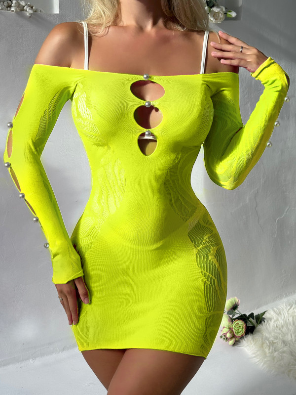 Erotic Mesh Pearl Hollowed Out Mini Dress  GYDE-YD266