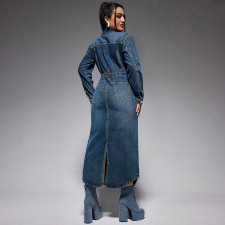 Lapel Button Long Sleeve Split Denim Maxi Dress GDAM-218621
