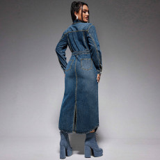 Lapel Button Long Sleeve Split Denim Maxi Dress GDAM-218621